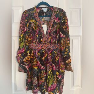 NWT Taj by Sabrina Crippa viscose tribal mini dress with beaded neck sleeves M